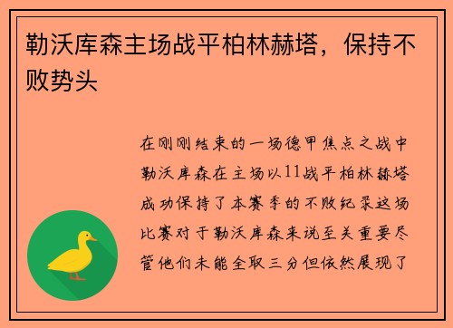 勒沃库森主场战平柏林赫塔，保持不败势头