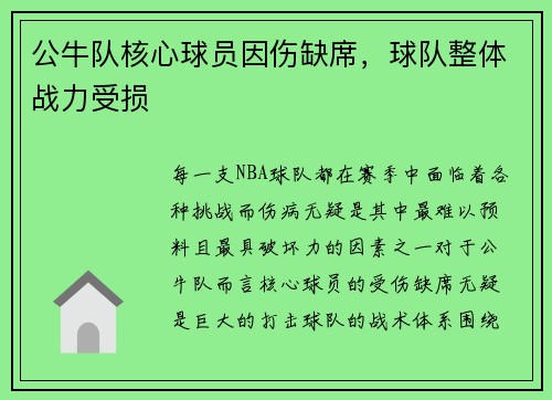 公牛队核心球员因伤缺席，球队整体战力受损